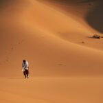 a man walking across a sandy field in the desert